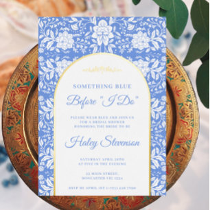 Invitación Con Relieve Metalizado Chinoiserie Floral Algo Blue Bridal Shower
