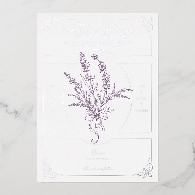 Invitación Con Relieve Metalizado Chinoiserie Lavender Bouquet Boda victoriano (Anverso)