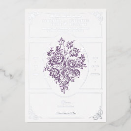 Invitación Con Relieve Metalizado Chinoiserie Rosas morados Bouquet Boda victoriano