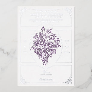 Invitación Con Relieve Metalizado Chinoiserie Rosas morados Bouquet Boda victoriano