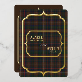 Invitación Con Relieve Metalizado Chisholm Caza Tartán Oro Hojalata