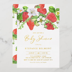 Invitación Con Relieve Metalizado Chorreado de Fresas Cumpleaños de Bebe Verano