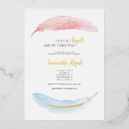 Invitación Con Relieve Metalizado Chorreo de bebé con acuarela rosa y azul