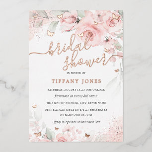 Invitación Con Relieve Metalizado Chorreo Rosa Floral Rosa Dorado Bridal Shower