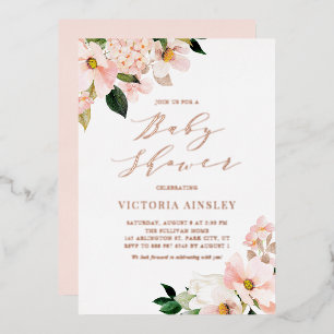 Invitación Con Relieve Metalizado Chorretones de Magnolias Rosadas en Rosa Dorado Ba