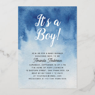 Invitación Con Relieve Metalizado Chorro de agua azul baby shower. Es un niño de oro