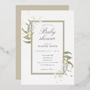 Invitación Con Relieve Metalizado Chorro de bebé verde y dorado beige