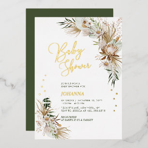 Invitación Con Relieve Metalizado Chorro Verde y Dorado Baby Shower Botánico Boho 