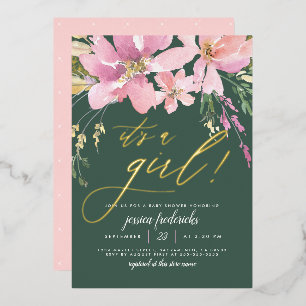Invitación Con Relieve Metalizado Chorro Verde y Dorado Fiesta de Bebé Floral Es una
