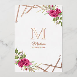 Invitación Con Relieve Metalizado Christening Forma Geométrica Botánica Inicial