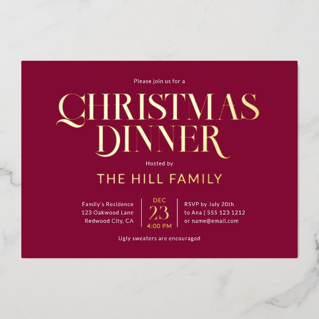 Invitación Con Relieve Metalizado Christmas Dinner Elegant Red (Anverso)