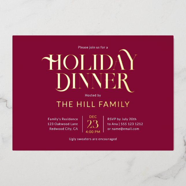 Invitación Con Relieve Metalizado Christmas Holiday Dinner Elegant Red (Anverso)