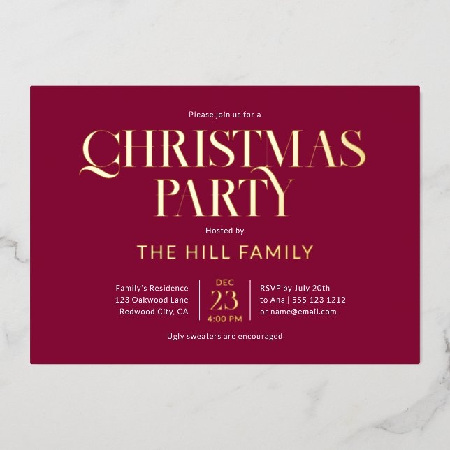 Invitación Con Relieve Metalizado Christmas Party Elegant Red (Anverso)