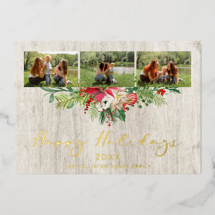 Invitación Con Relieve Metalizado Christmas Poinsettias Garland Classic 3 Photos