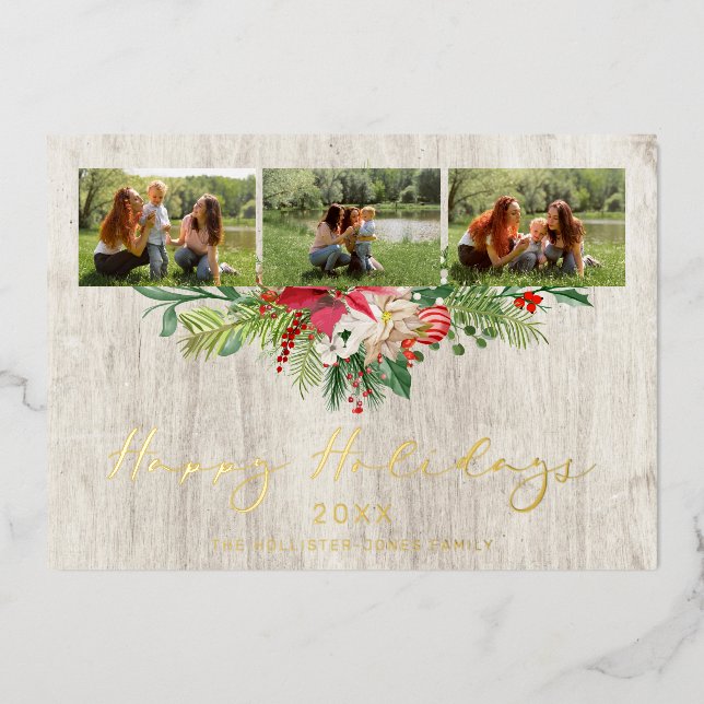 Invitación Con Relieve Metalizado Christmas Poinsettias Garland Classic 3 Photos (Anverso)