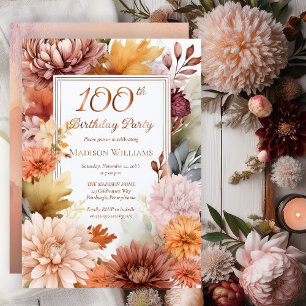 Invitación Con Relieve Metalizado Chrysanthemums Peonies Floral 100th Birthday Party