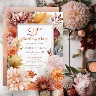 Invitación Con Relieve Metalizado Chrysanthemums Peonies Floral 21ª Fiesta de cumple