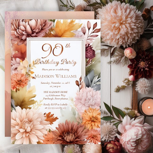 Invitación Con Relieve Metalizado Chrysanthemums Peonies Floral 90 cumpleaños (Elegant Boho Chrysanthemums and Peonies Floral 90th Birthday Party Invitation - Rose Gold Foil)
