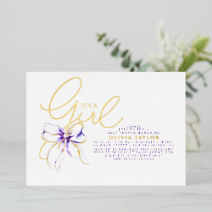 Invitación Con Relieve Metalizado Chupete de lazo morado, elegante y moderno para ba