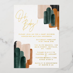 Invitación Con Relieve Metalizado Chupinada de bebé acuarela abstracta terracota ver