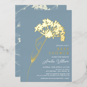 Invitación Con Relieve Metalizado Chupinada de bebé floral moderna azul