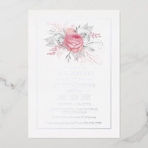 Invitación Con Relieve Metalizado Chupinada floral rosa, plateada y blanca para bebé