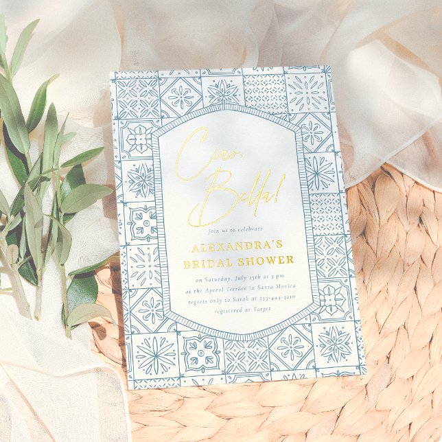 Invitación Con Relieve Metalizado Ciao Bella Whimsical Italiana Azulejos Bridal Duch (Subido por el creador)