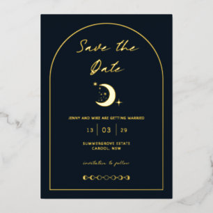 Invitación Con Relieve Metalizado Cielo Lunar y Estrellas Arco Guardar la Fecha