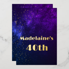 Invitación Con Relieve Metalizado Cielo Nocturno Cumpleaños 40 Astral Dorado Estrell