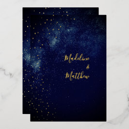 Invitación Con Relieve Metalizado Cielo Nocturno Estrellas Doradas Astrales Boda Azu