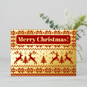 Invitación Con Relieve Metalizado Ciervos y árboles de Navidad tejidos en oro y rojo