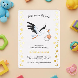 Invitación Con Relieve Metalizado Cigüeña Llevando Bebé Selfie Fiesta de Bebé