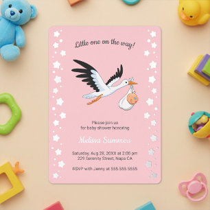 Invitación Con Relieve Metalizado Cigueña Llevando Bebé Selfie Fiesta de Bebé Rosa