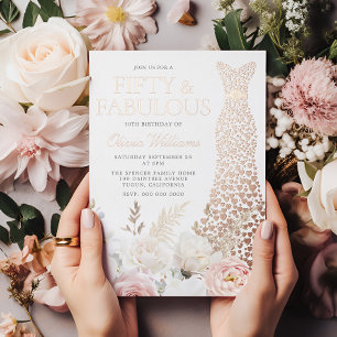 Invitación Con Relieve Metalizado Cincuenta & Fabuloso Cumpleaños 50 Fiesta Rosa Dor