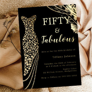 Invitación Con Relieve Metalizado Cincuenta & Fabuloso Elegante Vestido de Oro Cumpl