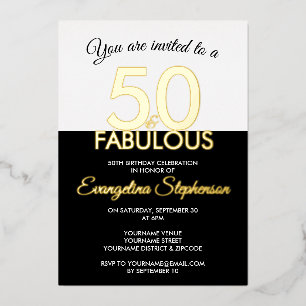 Invitación Con Relieve Metalizado Cincuenta Fabulosos Modernos Cumpleaños 50 Negros