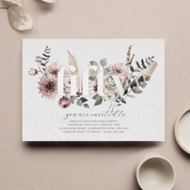 Invitación Con Relieve Metalizado Cincuenta Florales - 50 Aniversario - Plata (Subido por el creador)