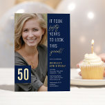 Invitación Con Relieve Metalizado Cincuenta Fotografía Azul y Oro Fiesta de cumpleañ<br><div class="desc">Celebre con estilo con estas invitaciones modernas y reales a fiestas de 50 años de Relieve metalizado con un fondo azul moda,  una foto del chico/chica de cumpleaños,  el gracioso dicho "¡tomó cincuenta años lucir así de bien!",  y una plantilla de texto simple que es fácil de personalizar.</div>