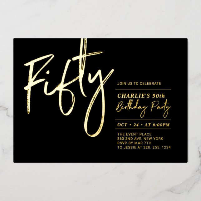 Invitación Con Relieve Metalizado Cincuenta | Moderno Black Gold 500 cumpleaños (Anverso)
