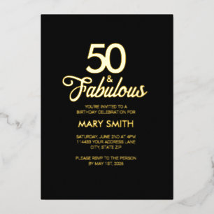 Invitación Con Relieve Metalizado Cincuenta Moderno y Fabuloso Cumpleaños 50 Negro O