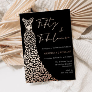 Invitación Con Relieve Metalizado Cincuenta y Fab Vestidos 50 Años Oro Real Negro
