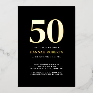 Invitación Con Relieve Metalizado Cincuenta y Fabuloso Cumpleaños 50 Dorado Negro