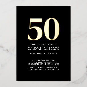 Invitación Con Relieve Metalizado Cincuenta y Fabuloso Cumpleaños 50 Dorado Negro Fi