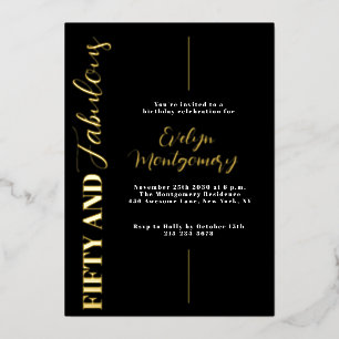 Invitación Con Relieve Metalizado Cincuenta y Fabuloso Cumpleaños 50 Negro Oro