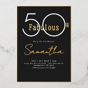 Invitación Con Relieve Metalizado Cincuenta y Fabuloso Cumpleaños 50 Negro y Dorado
