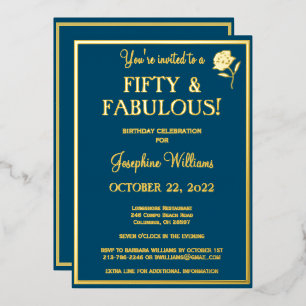 Invitación Con Relieve Metalizado Cincuenta y Fabuloso Cumpleaños Azul ORO REAL