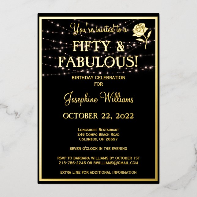 Invitación Con Relieve Metalizado Cincuenta y fabuloso cumpleaños Black REAL Gold (Anverso)