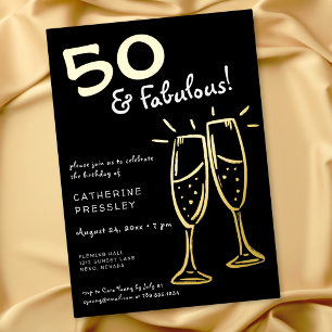 Invitación Con Relieve Metalizado Cincuenta y Fabuloso Cumpleaños Champán Dorado