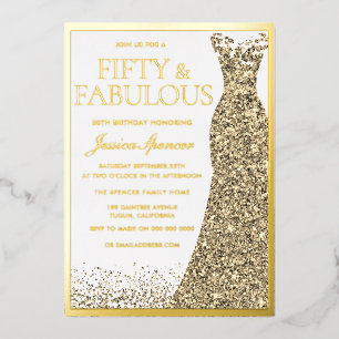 Invitación Con Relieve Metalizado Cincuenta y Fabuloso Foil Dorado Cumpleaños 50