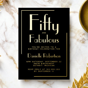 Invitación Con Relieve Metalizado Cincuenta y Fabuloso Foil Dorado Cumpleaños 50 Fie